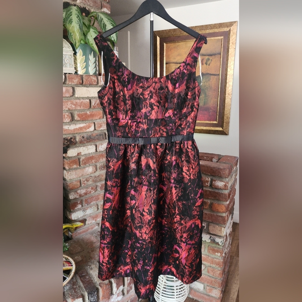 Kay Unger Black Red Floral Jacquard Fit & Flare Cocktail Dress Belted Party Dres
